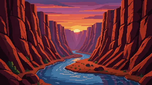 16-bit pixel art view of a red rock canyon with a winding river under a sunset dusk sky