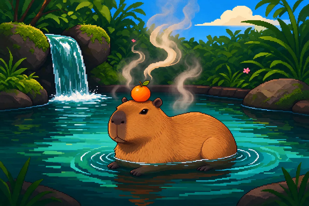A pixel art capybara relaxes in a steamy pond with a small orange balanced on its head beside a tiny waterfall