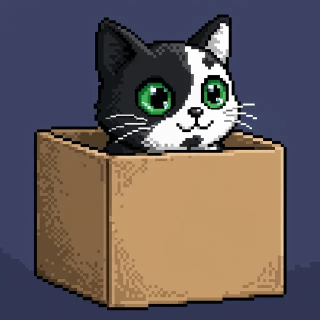 A pixel art black and white cat with wide green eyes peeks out from a cardboard box against a dark purple background.