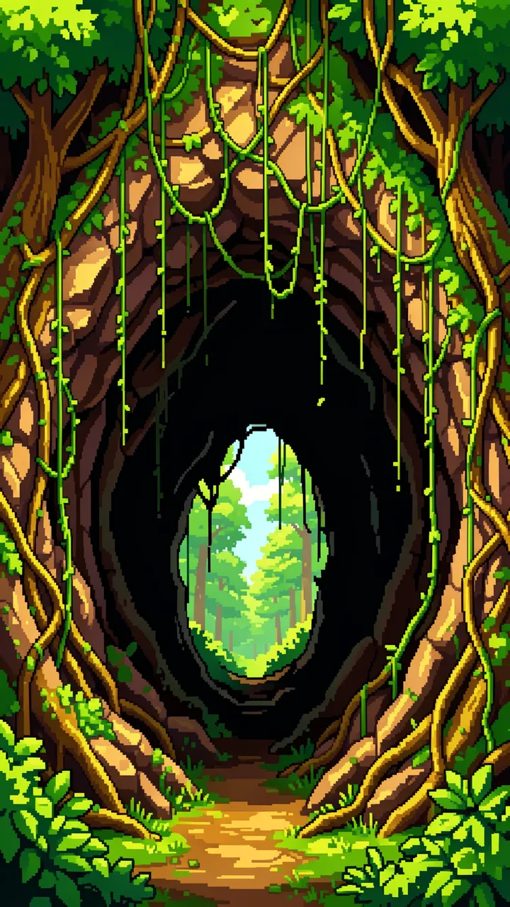 Vertical retro pixel art view from a vine-covered cave mouth looking out at a sunny forest