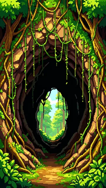Vertical retro pixel art view from a vine-covered cave mouth looking out at a sunny forest