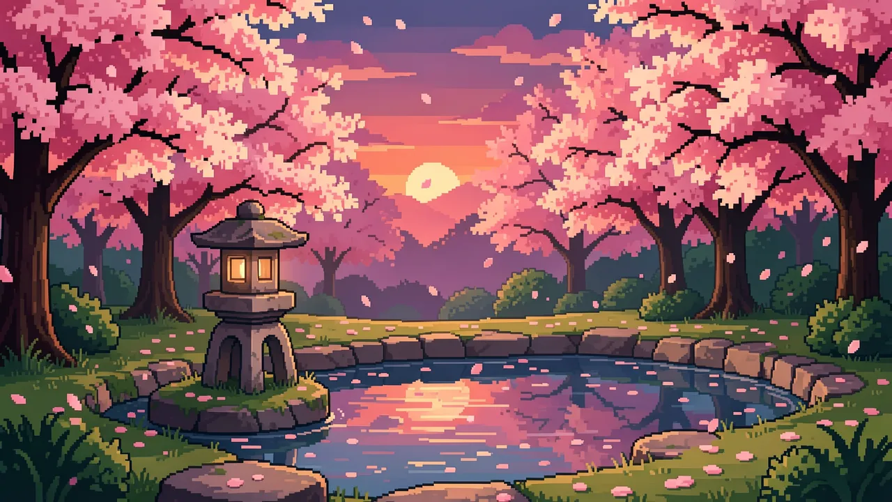 16-bit pixel art of a cherry blossom garden at dusk with a stone lantern, still pond and drifting pink petals
