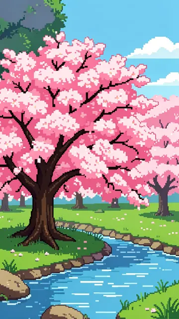 16-bit pixel art spring landscape of pink cherry blossom trees beside a winding small river