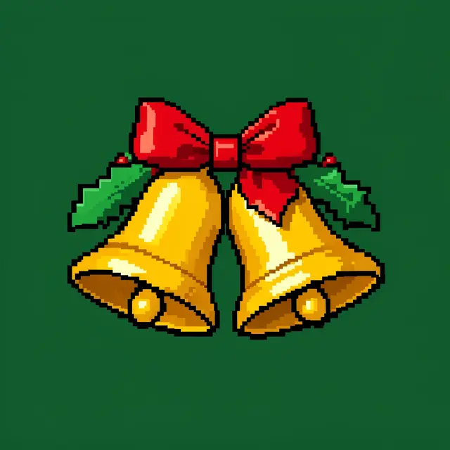 Retro 16-bit pixel art of two golden Christmas bells with a red bow and holly on dark green
