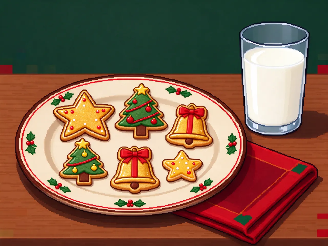 16-bit pixel art of a holly trimmed plate of decorated Christmas cookies next to a glass of milk on a wooden table