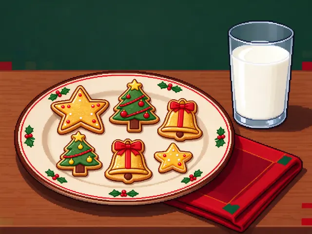 16-bit pixel art of a holly trimmed plate of decorated Christmas cookies next to a glass of milk on a wooden table