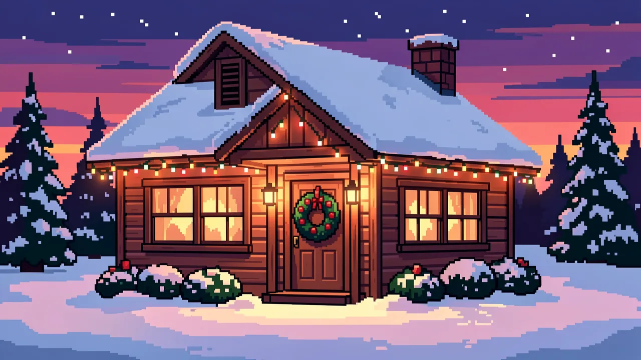A retro 16-bit pixel art snowy wooden cottage at dusk with Christmas lights and a front door wreath