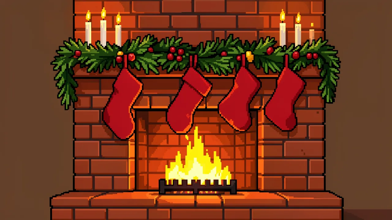 16-bit pixel art of a glowing brick fireplace decorated with red stockings, pine garland, and lit candles for Christmas