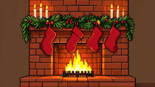 16-bit pixel art of a glowing brick fireplace decorated with red stockings, pine garland, and lit candles for Christmas