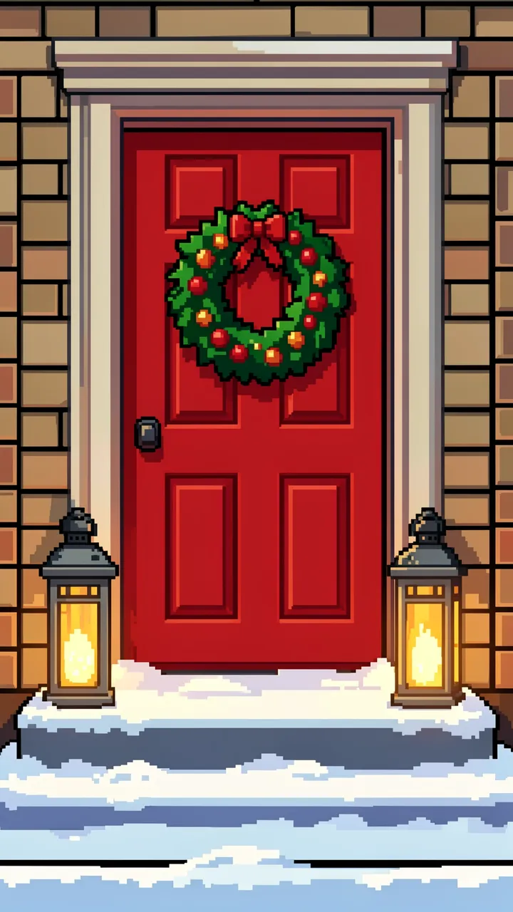 16-bit pixel art of a red front door with a Christmas wreath, snowy steps and glowing lanterns