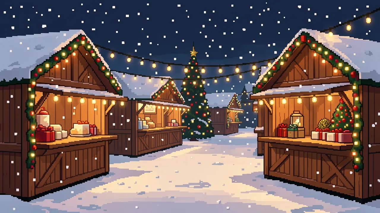 16-bit pixel art of an empty snowy Christmas market with wooden stalls, string lights and falling snow at night