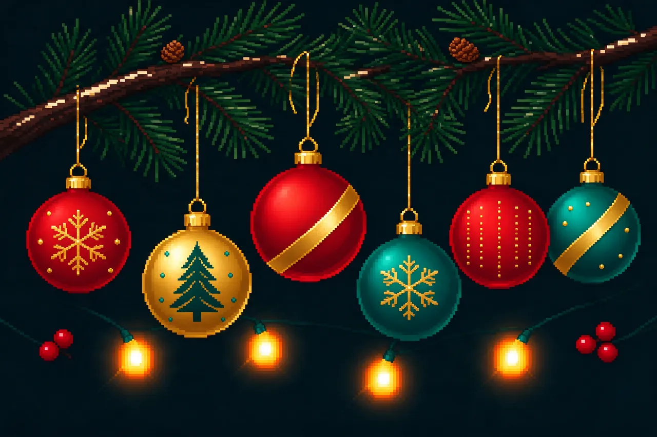 Six red, gold and teal pixel art Christmas ornaments hang from a pine branch with warm fairy lights against a dark background