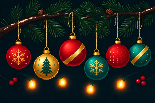 Six red, gold and teal pixel art Christmas ornaments hang from a pine branch with warm fairy lights against a dark background