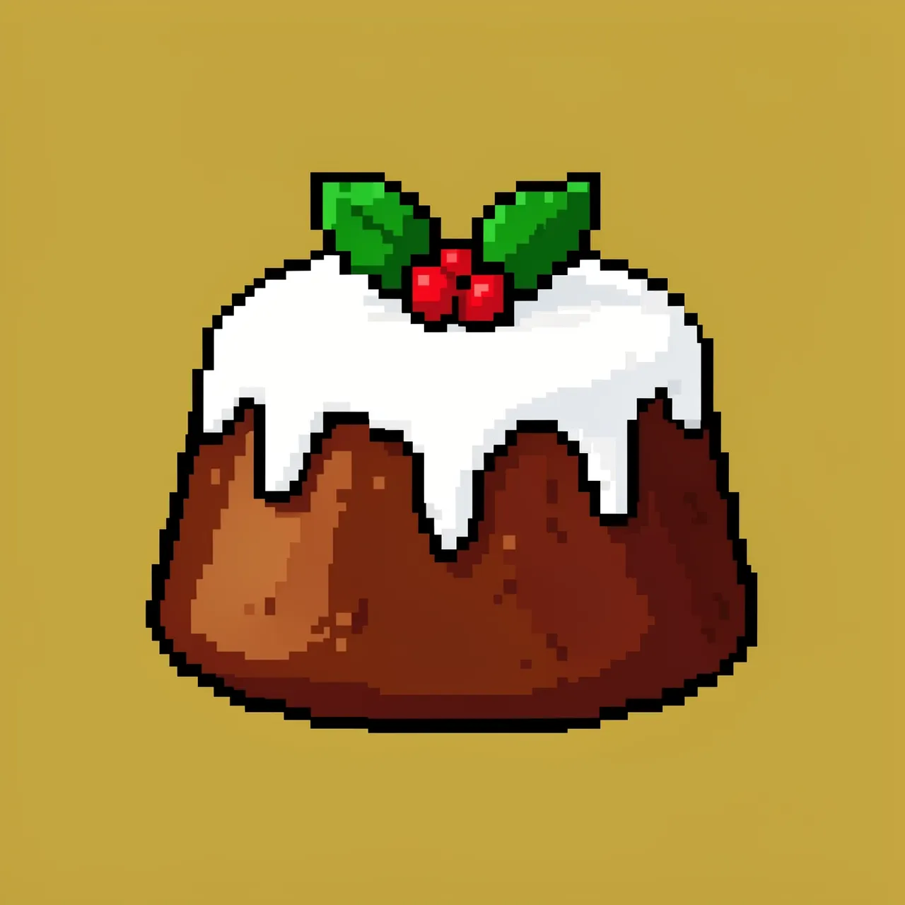Retro 8-bit pixel art Christmas pudding topped with icing and holly on a plain gold background