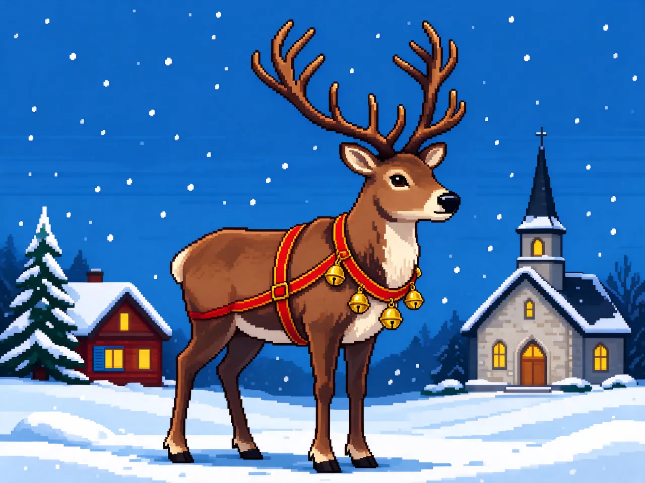 16-bit pixel art of a reindeer in a red bell harness standing in a snowy Christmas village as snow falls