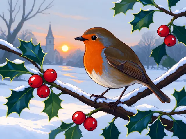 16-bit pixel art robin with a red breast perched on a snow-dusted holly branch at winter sunrise