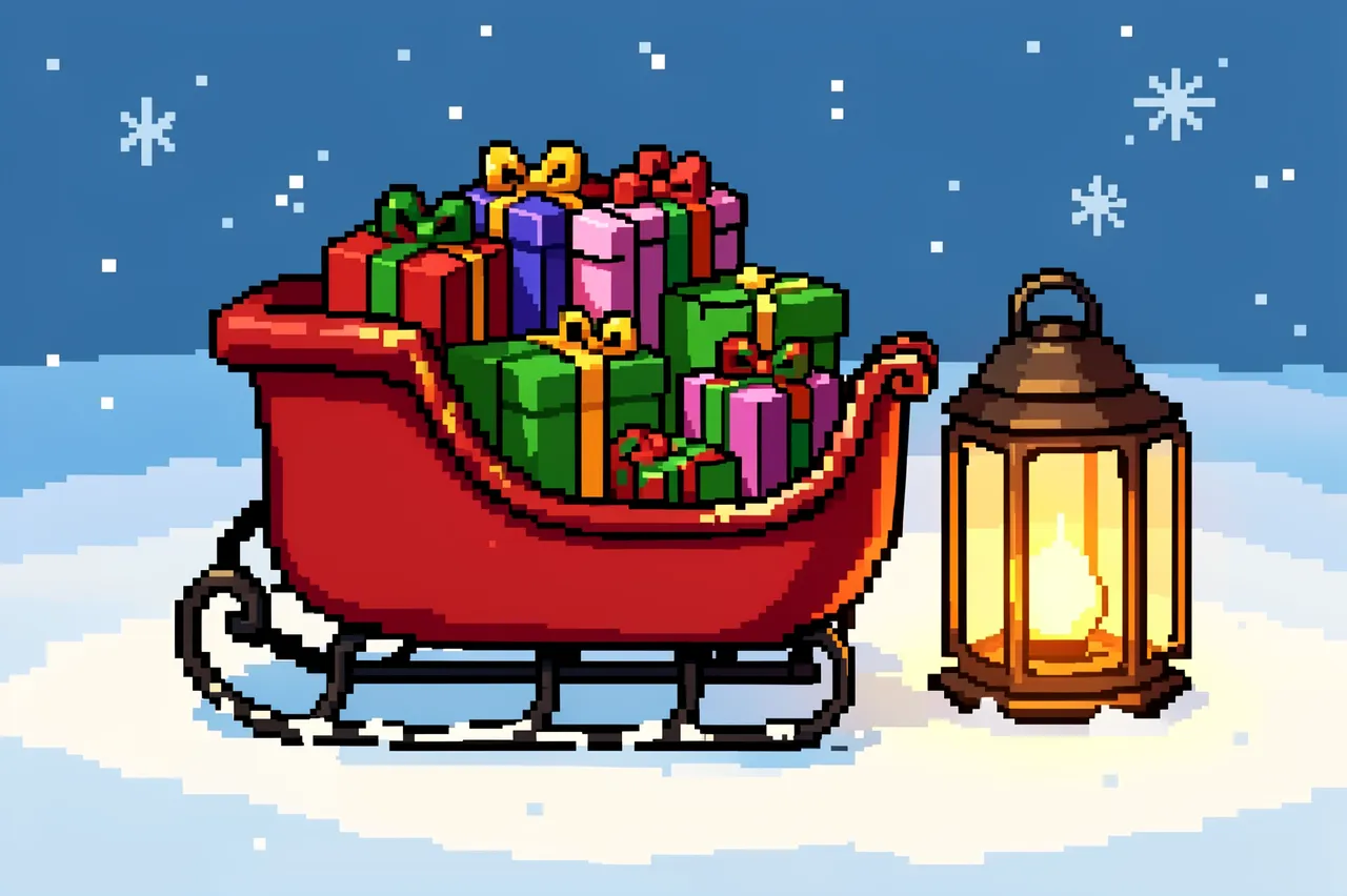 16-bit pixel art of a red sleigh piled with gifts beside a glowing lantern on snowy ground under a falling snow sky