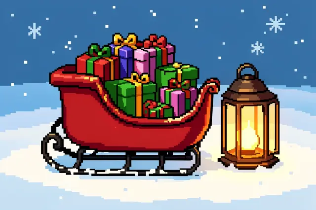 16-bit pixel art of a red sleigh piled with gifts beside a glowing lantern on snowy ground under a falling snow sky