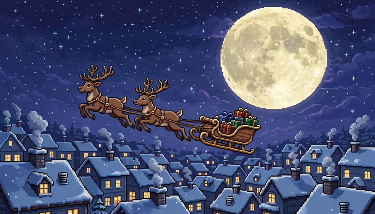 16-bit pixel art of a reindeer-drawn sleigh flying over snowy rooftops beside a huge full moon on Christmas Eve