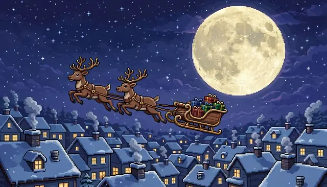 16-bit pixel art of a reindeer-drawn sleigh flying over snowy rooftops beside a huge full moon on Christmas Eve