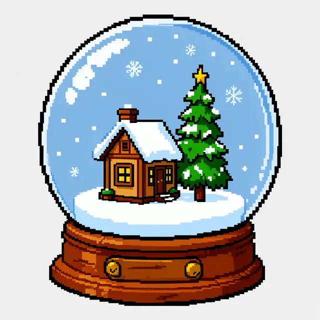Retro 16-bit pixel art of a Christmas snowglobe holding a snowy cottage and decorated pine tree