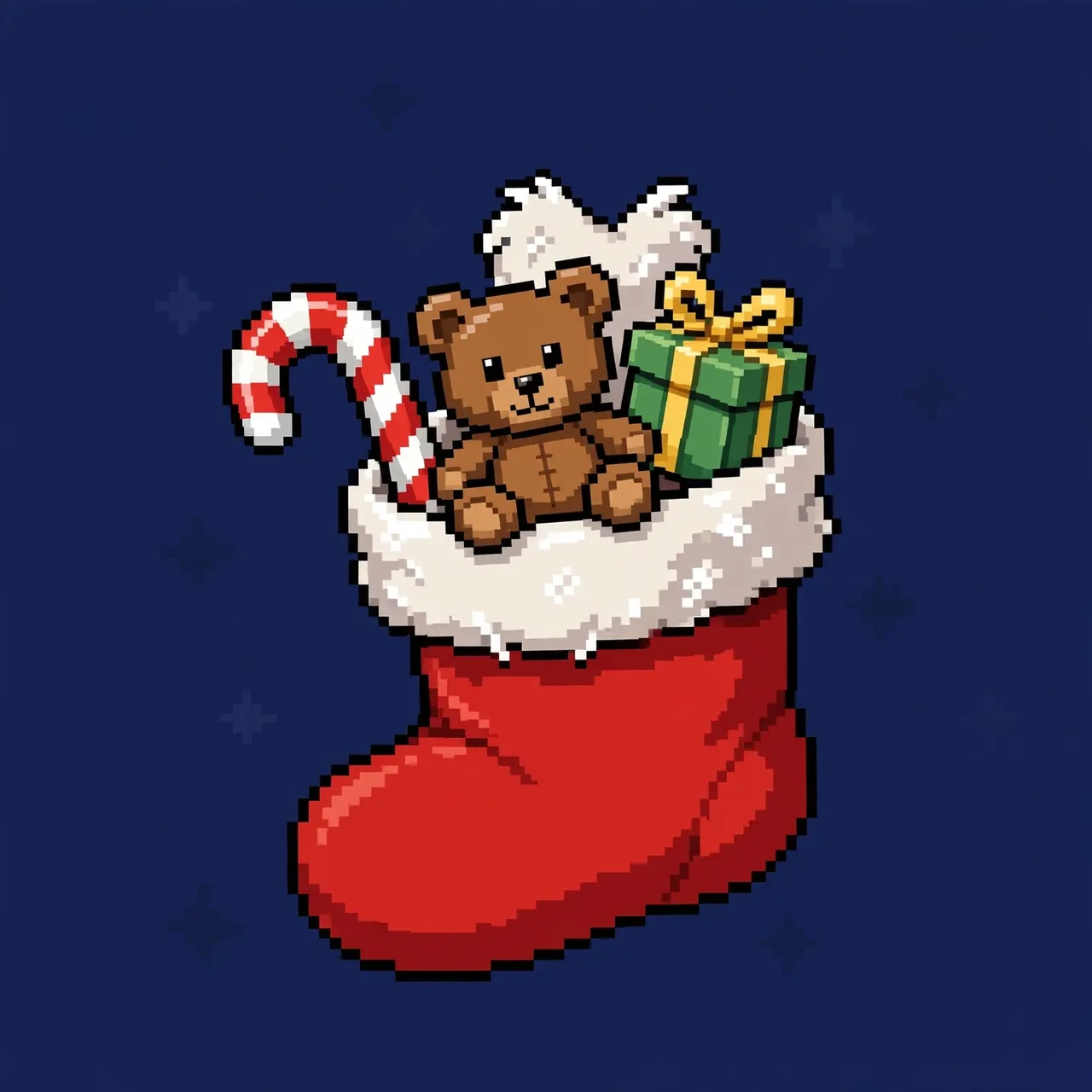 16-bit pixel art red Christmas stocking holding a teddy bear, candy cane, and small wrapped gift on a starry dark blue