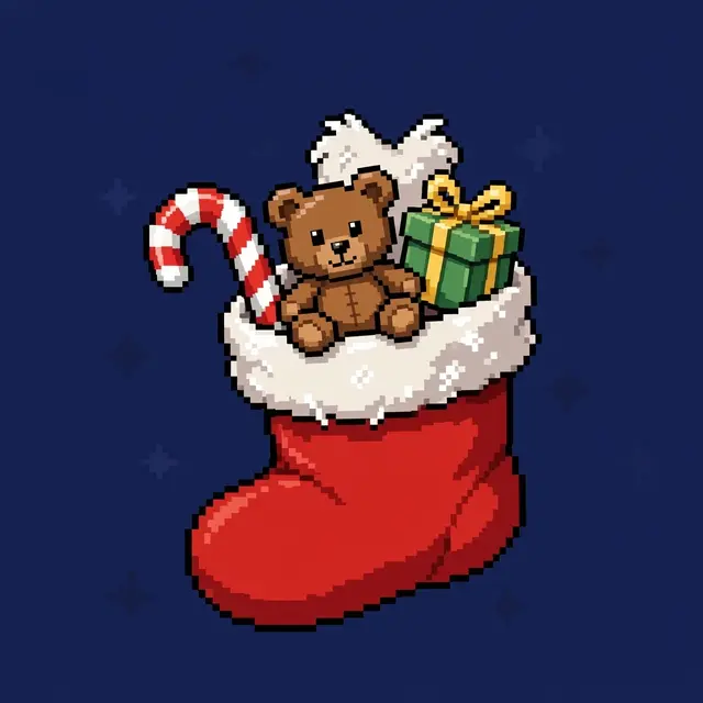 16-bit pixel art red Christmas stocking holding a teddy bear, candy cane, and small wrapped gift on a starry dark blue