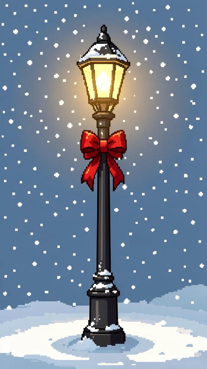 Retro 16-bit glowing street lamp with a red bow standing in falling snow