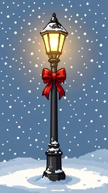 Retro 16-bit glowing street lamp with a red bow standing in falling snow