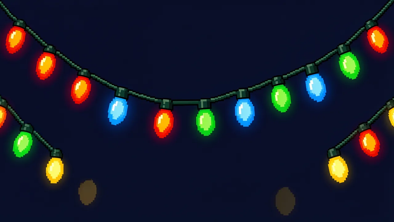 Retro 16-bit pixel art glowing multicolored Christmas light strands draped across a dark navy background
