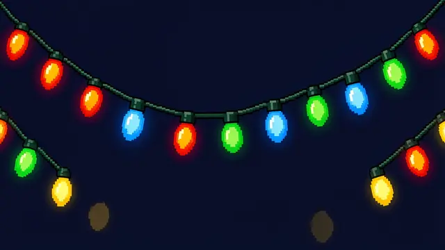 Retro 16-bit pixel art glowing multicolored Christmas light strands draped across a dark navy background