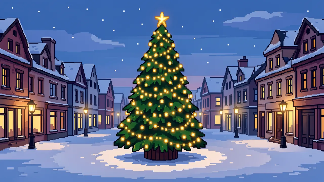Lit Christmas tree stands in a snowy pixel art town square at blue hour with falling snow