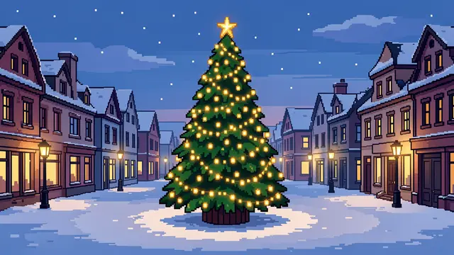 Lit Christmas tree stands in a snowy pixel art town square at blue hour with falling snow