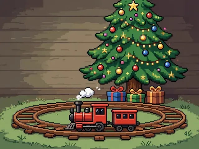 Retro 16-bit pixel art of a red toy train on oval track beside a decorated Christmas tree with wrapped gifts
