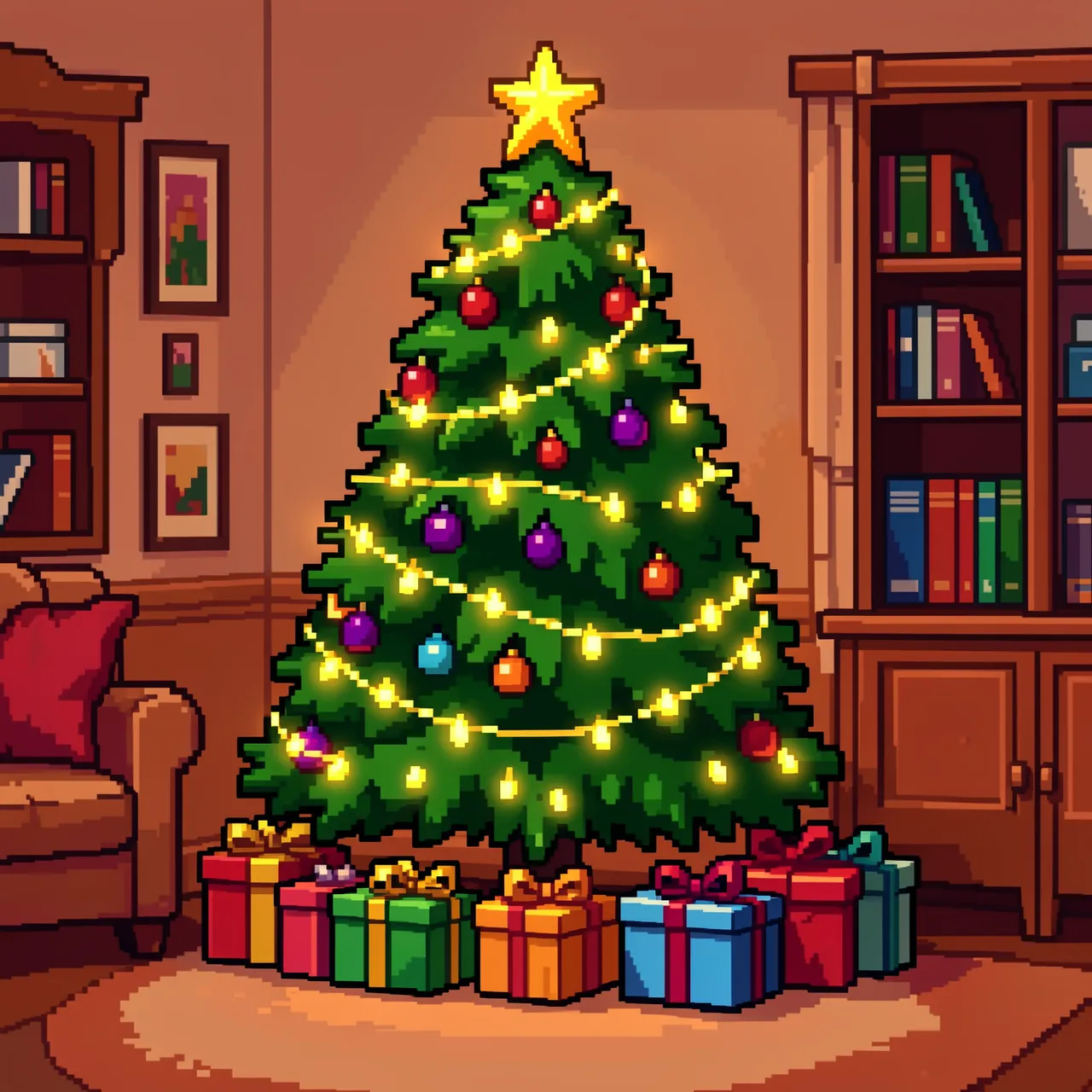 16-bit pixel art of a lit Christmas tree with wrapped gifts in a cozy warm living room