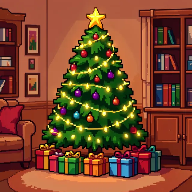 16-bit pixel art of a lit Christmas tree with wrapped gifts in a cozy warm living room