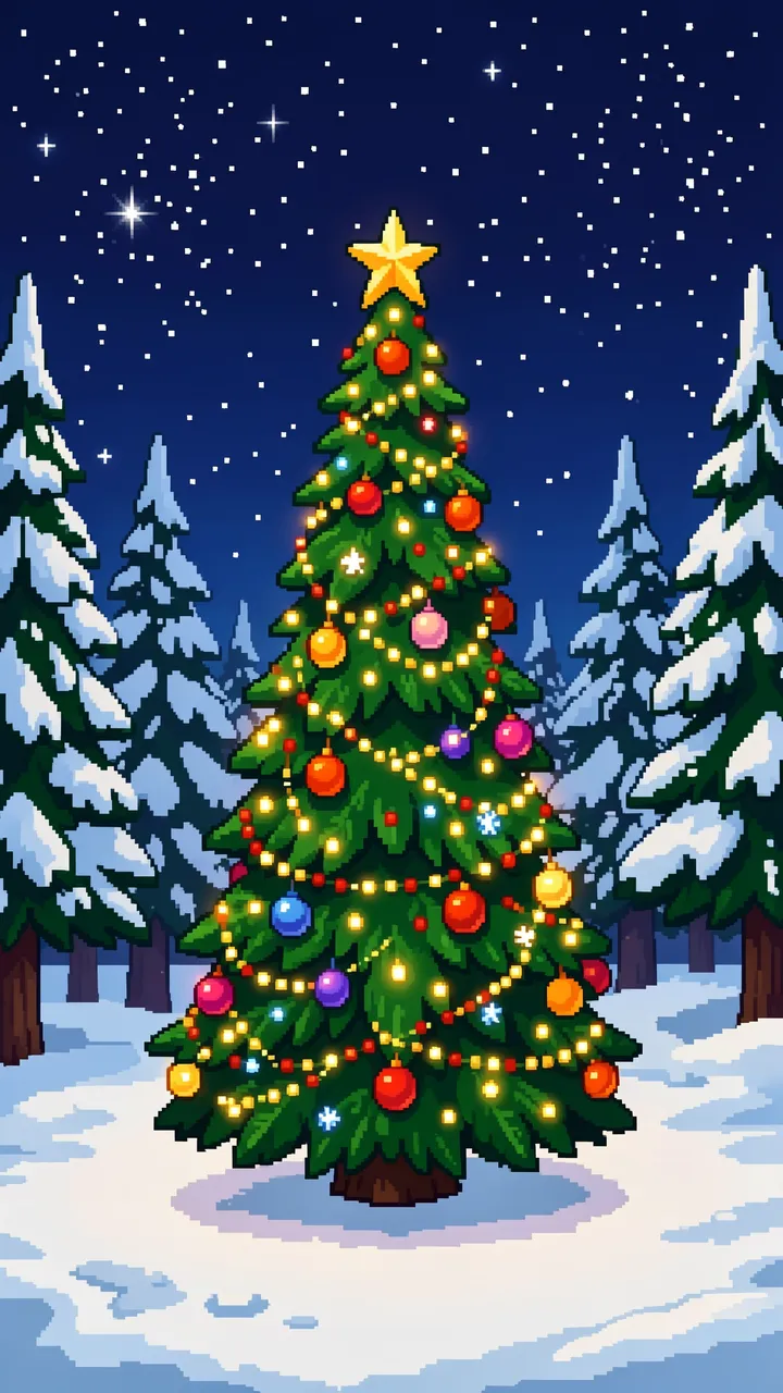 A retro 16-bit decorated glowing Christmas tree stands in a snowy starry forest clearing