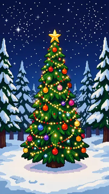 A retro 16-bit decorated glowing Christmas tree stands in a snowy starry forest clearing