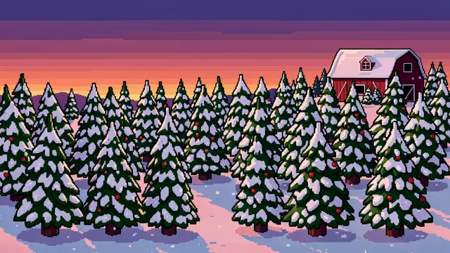 16-bit pixel art of a snowy Christmas tree farm with a red barn at gradient dusk