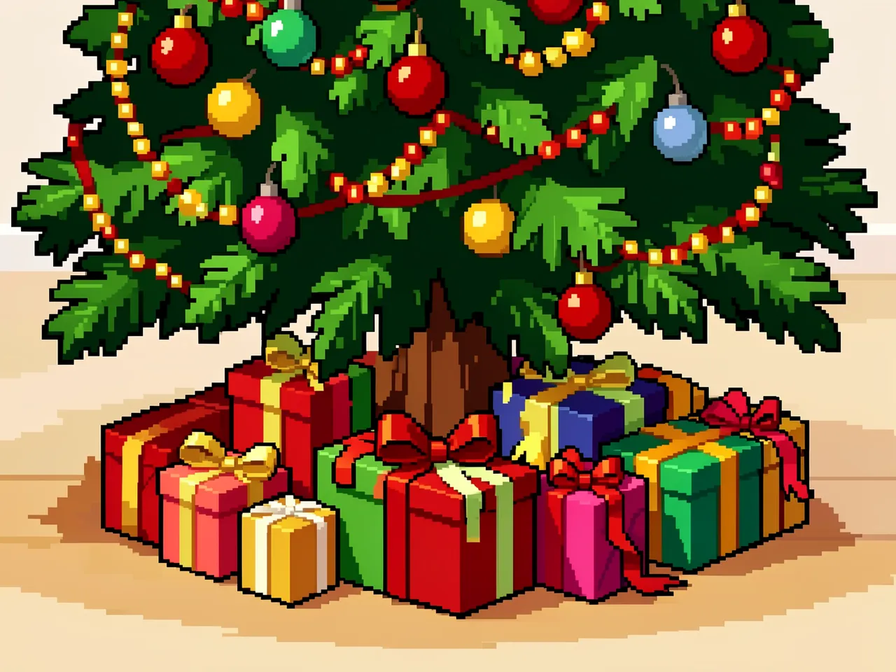 Retro 16-bit pixel art of a decorated Christmas tree with wrapped gifts piled underneath its branches