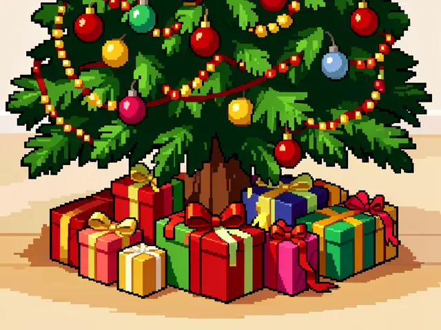 Retro 16-bit pixel art of a decorated Christmas tree with wrapped gifts piled underneath its branches