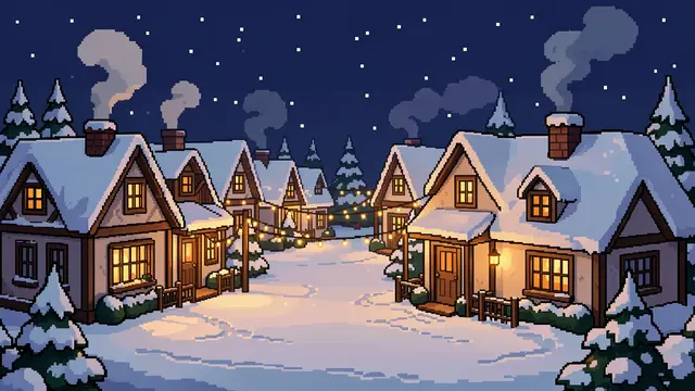 16-bit pixel art of a snowy Christmas village at night with glowing cottage windows and string lights