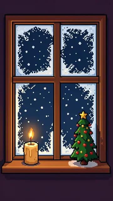 Retro 16-bit pixel art of a frosted night window with a lit candle, tiny Christmas tree and falling snow outside