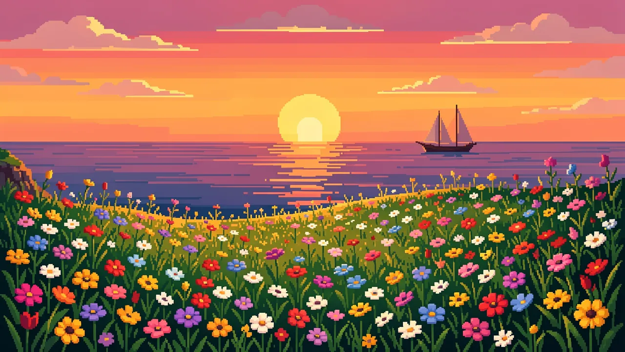 16-bit pixel art of a wildflower clifftop overlooking a calm sea with a distant sailboat at sunset