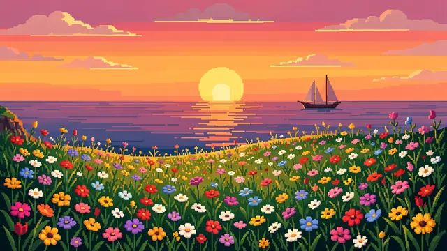 16-bit pixel art of a wildflower clifftop overlooking a calm sea with a distant sailboat at sunset