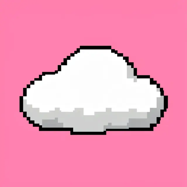 Retro 8-bit pixel art sprite of a puffy white cloud with gray shading set against a solid pink background
