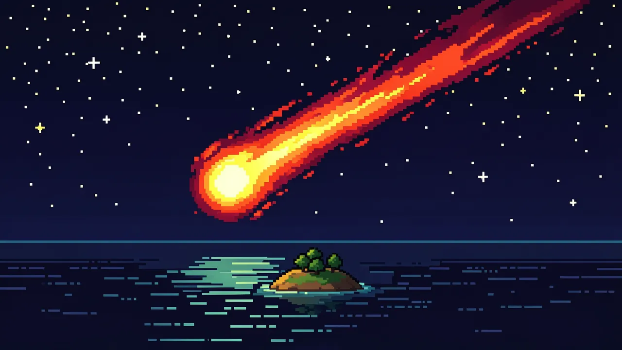 16-bit pixel art of a glowing comet streaking over a tiny tree-topped island under a starry night sky above dark sea