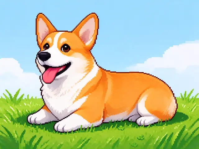 A happy pixel art corgi lies on green grass under a light blue sky with its tongue out and ears upright.