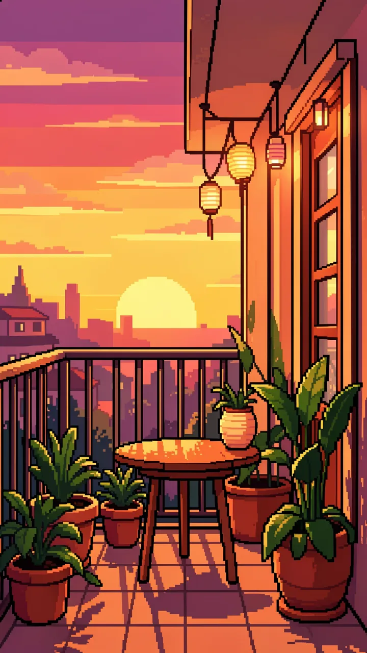 16-bit pixel art of a cozy city balcony lined with potted plants and lanterns at warm sunset