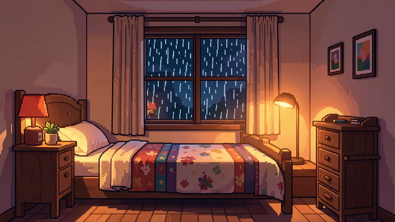 Retro 16-bit pixel art bedroom at night with falling rain outside a glowing window and warm lamp light